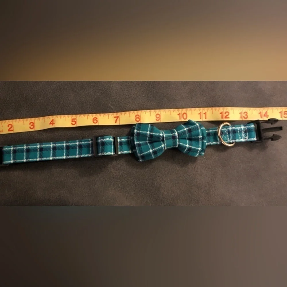 Dynmeow Dog Collar Small/Med Size Teal Plaid W/Bow 14-17” NIB Adjistable